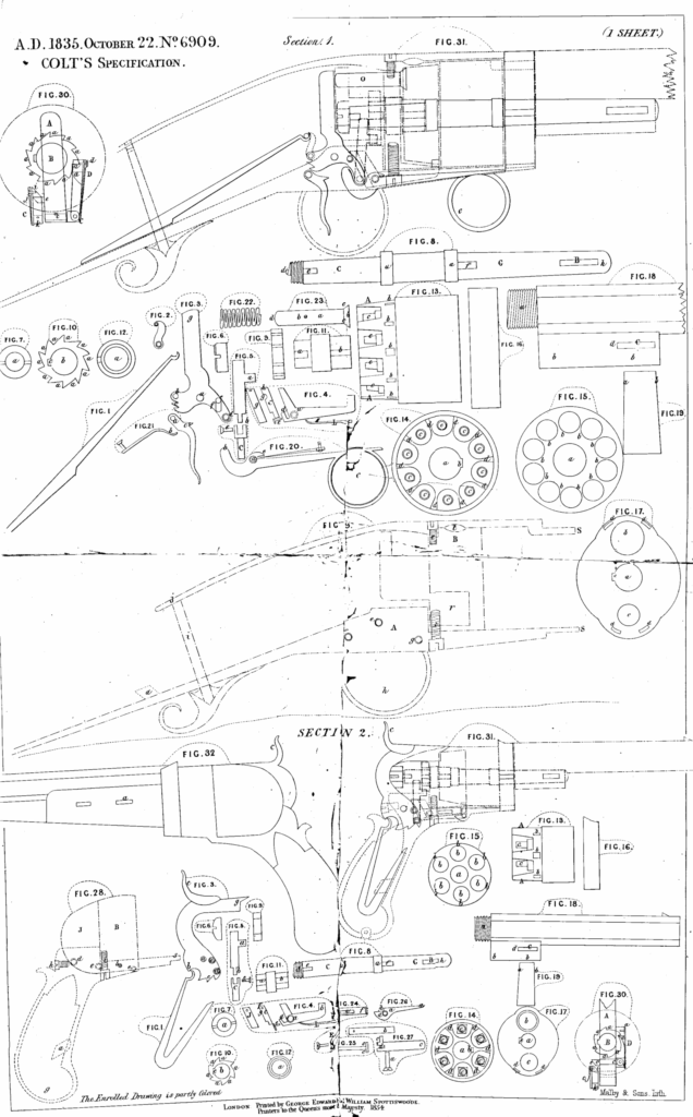 Primo brevetto n.6909 di Samuel Colt, depositato il 22 ottobre 1835